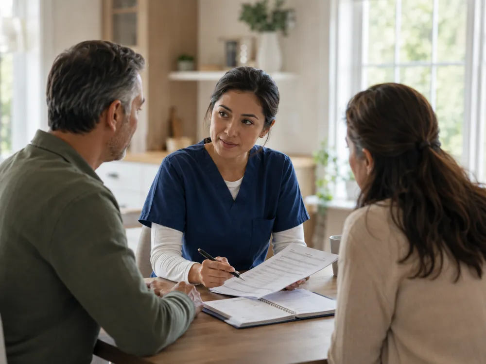 Operatrice sanitaria che dialoga con i familiari di un assistito