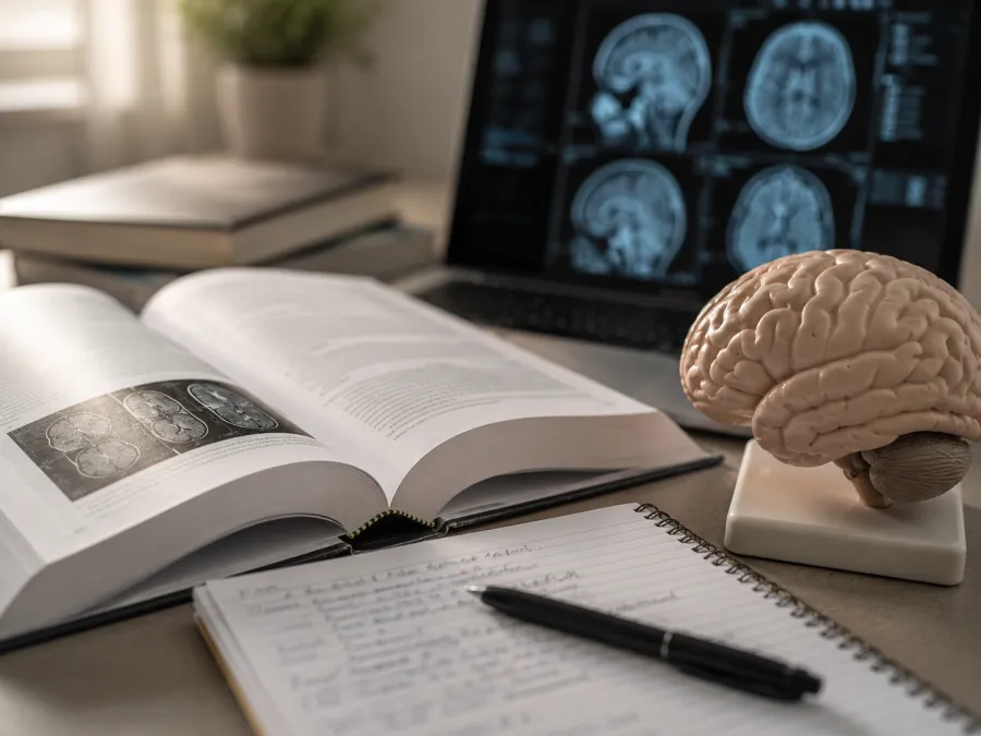 Testi scientifici, appunti e modello anatomico del cervello